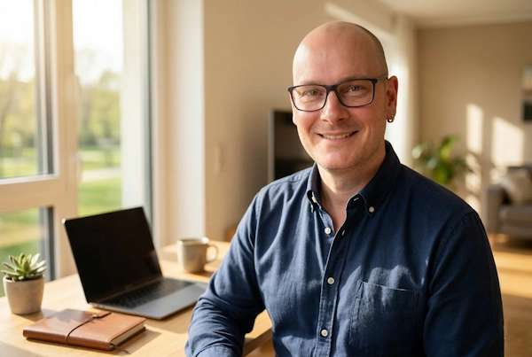 Martin Scholz Webdesigner Erfurt Thüringen Inhabergeführt. Martin Scholz sitzt lächelnd an seinem Arbeitsplatz mit Laptop, Notizbuch und Kaffeetasse.
