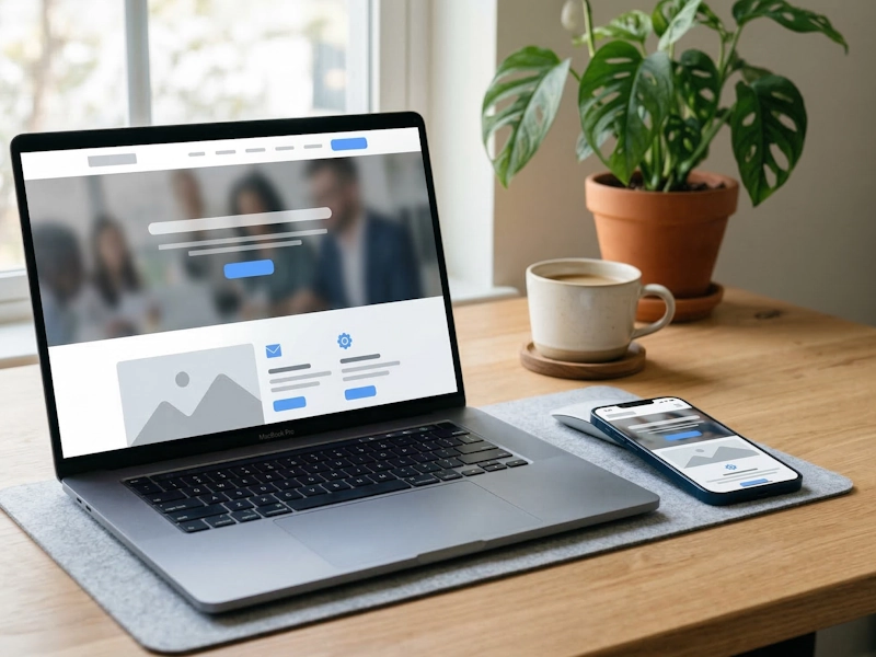 Webdesign Erfurt professionelle Website Handwerker Thüringen. MacBook und Smartphone auf einem Schreibtisch zeigen eine moderne Business-Website mit responsivem Design.